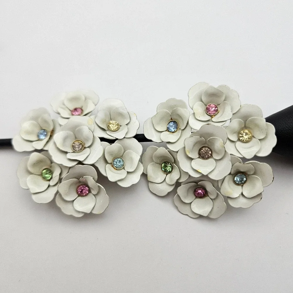 Vintage White Enamel Flower Cluster Clip On Earrings Multi Color Rhinestone 60s